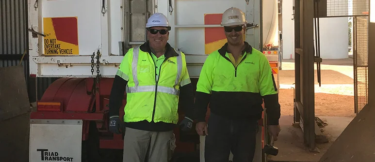 Viterra Operator Peter Couper with Dean Gillett delivering the first load into Tumby Bay on behalf of Karinya Ag. 191015 news.jpg