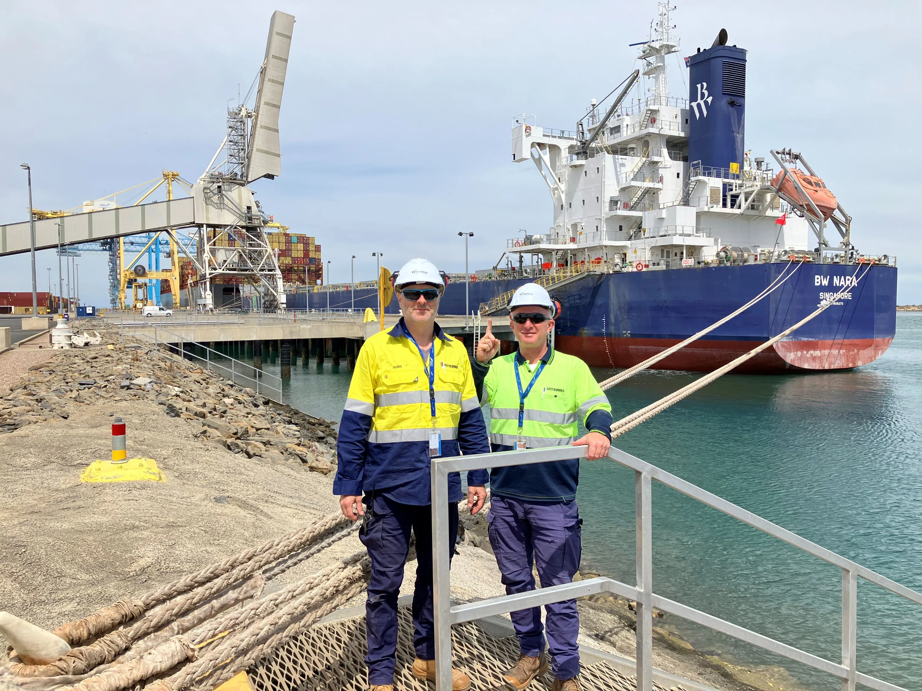 Viterra employees Ned Djakovic and Boris Sic at Viterra's Outer Harbor port, celebrating 1 million tonnes of shipping across our SA ports in October/November. 231201 OHB_Ned Djakovic, Adelaide ports Team Leader and Boris Sic Adelaide Ports Electrician_1.jpg