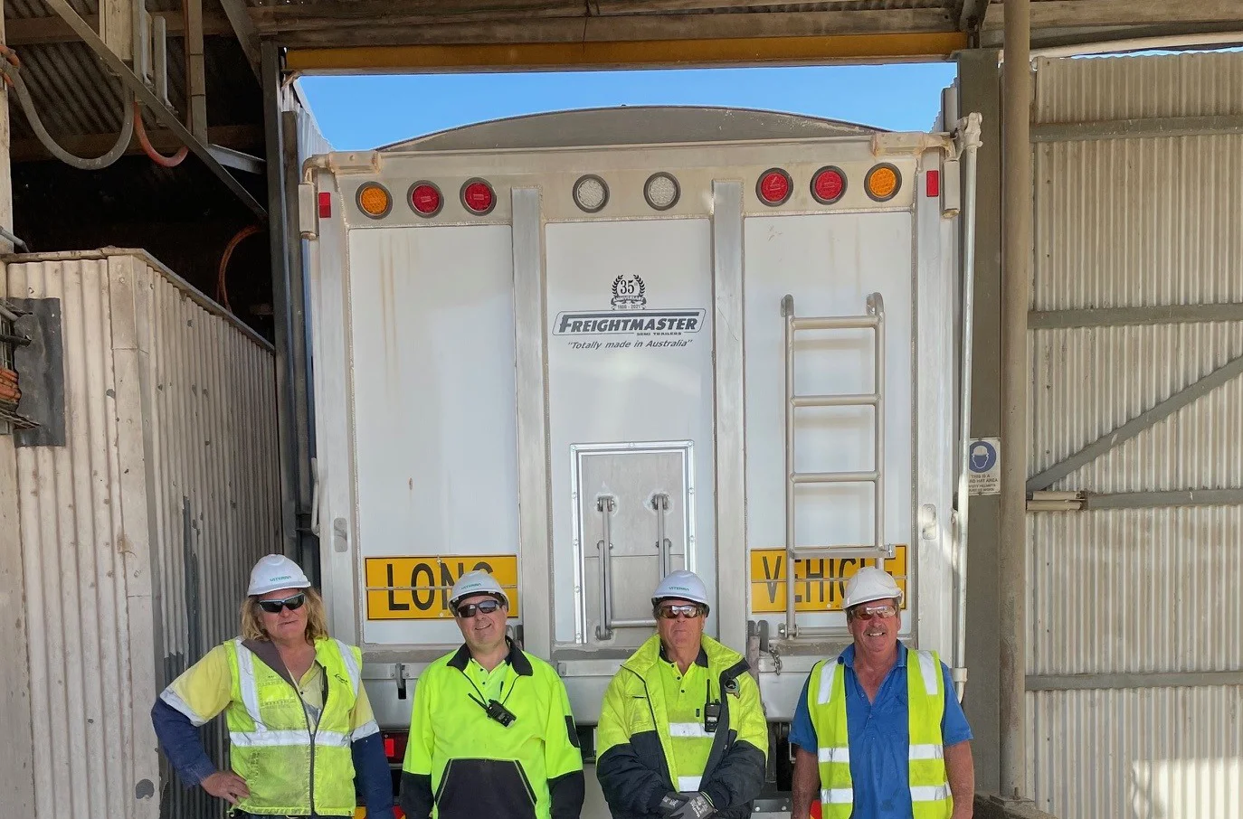 First delivery for the 2023/24 harvest at Viterra Rudall. (L-R) Viterra employees Ray Cooper, David Sandow and Kurtis Jacques with grower Farren Frischke Ray Cooper, David Sandow, Kurtis Jacques, Farren Frischke cropped v2.jpg